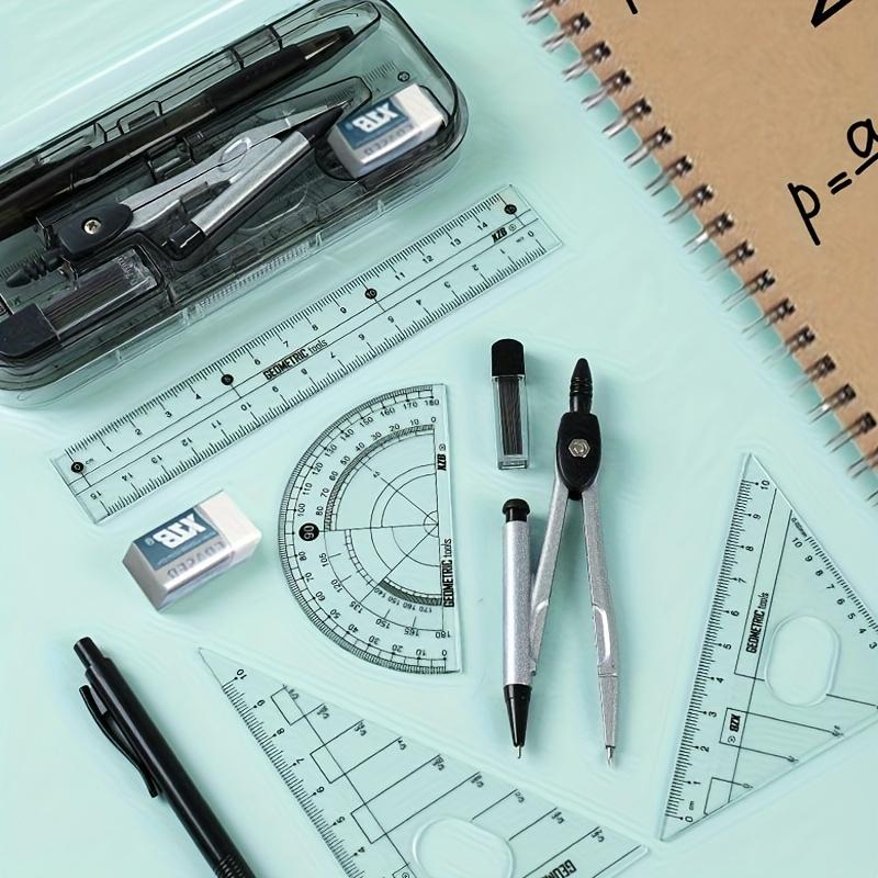Ruler Set - Multi-Piece Geometry Drawing Kit with Case, Precision Drafting Tools (Compass, Ruler, Eraser) for Students/Designers