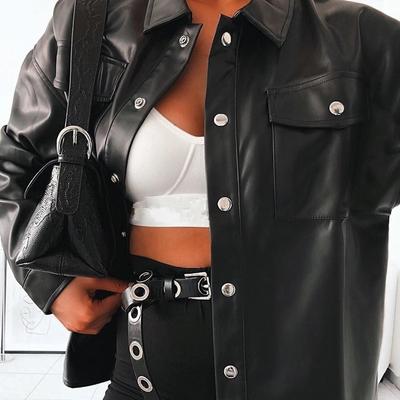 Streetwear Schwarz PU Leder Bluse Frauen Strickjacke Tasten Mode frauen Shirt Top Langarm Solide Leder Blusen