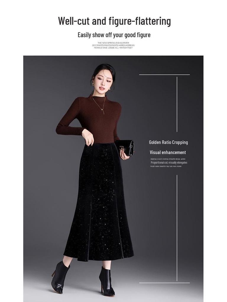 Black Velvet Sequin Fishtail Skirt - 2026 Spring High-Waisted Bodycon Skirt for Commuting