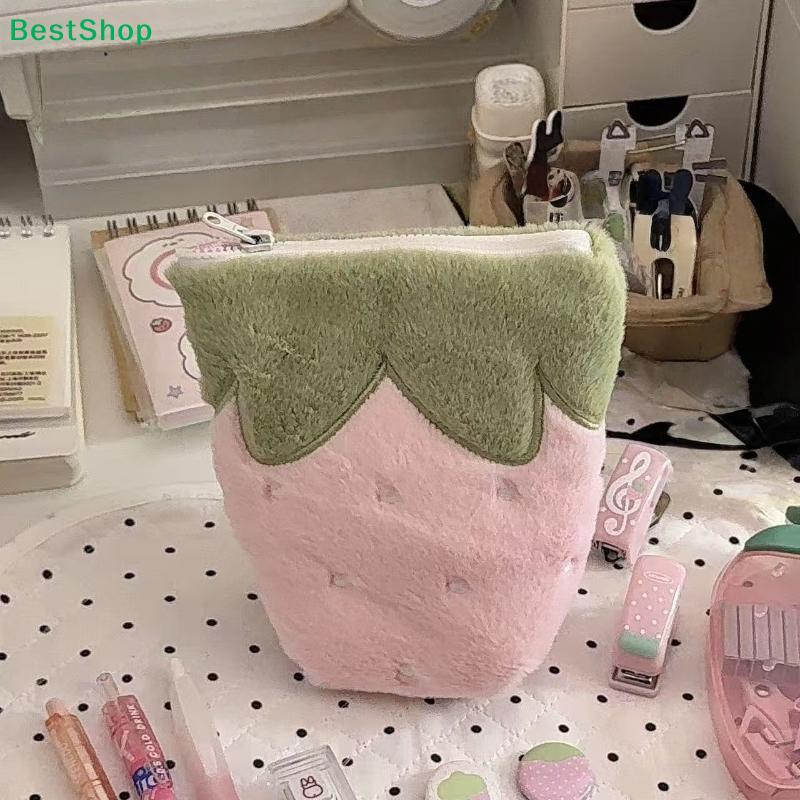 Cute Strawberry Plush Pencil Case,Soft Fluffy Zipper Pouch for Stationery,Cosmetics & Small Items