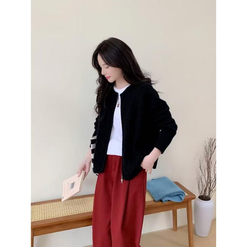 

Осень и зима новый плетеный жакет с текстурой твист, двойная молния, круглый вырез, длинный рукав, свободный трикотаж, женский One size чёрный