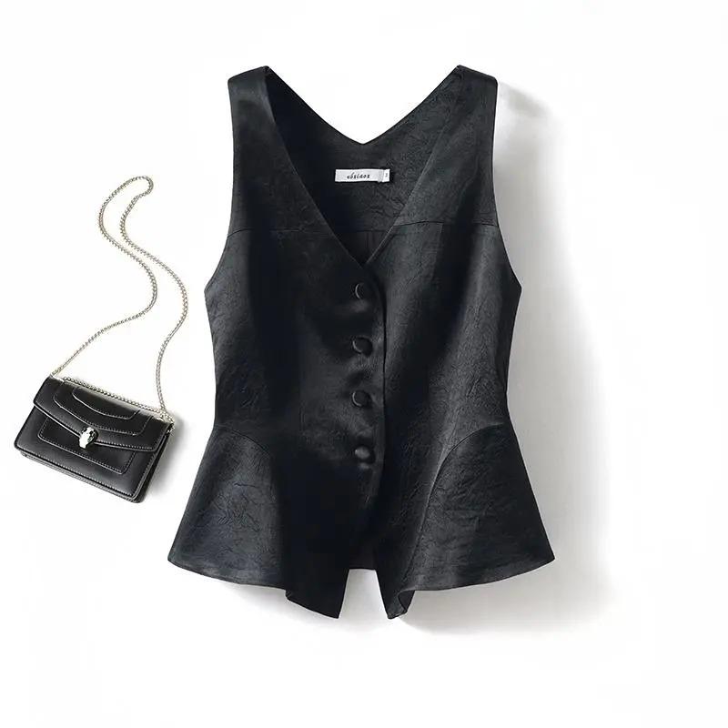 Womens Black Satin Vest Casual V Neck Button Front Peplum Hem Sleeveless Top S