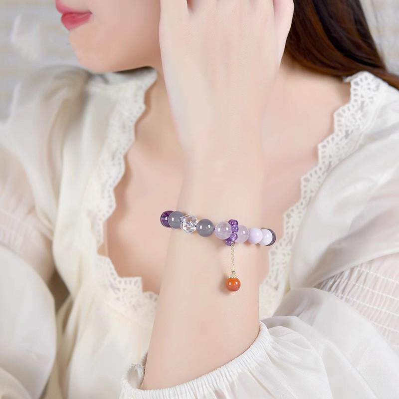 Natural Hetian Jade Bracelet with Purple White Crystal Cinnabar Beads and Hand-Twist Rings Accessories.
