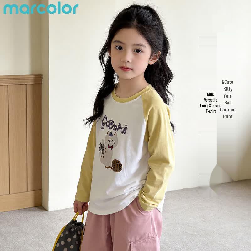 Girls' Cotton Raglan Colorblock Cartoon Print Long-Sleeve T-Shirt