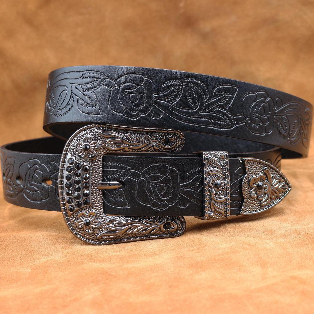 Western Embossed Cowhide Leather Belt - Retro Pin Buckle Men's Genuine Leather Belt for Trendy Young Men.