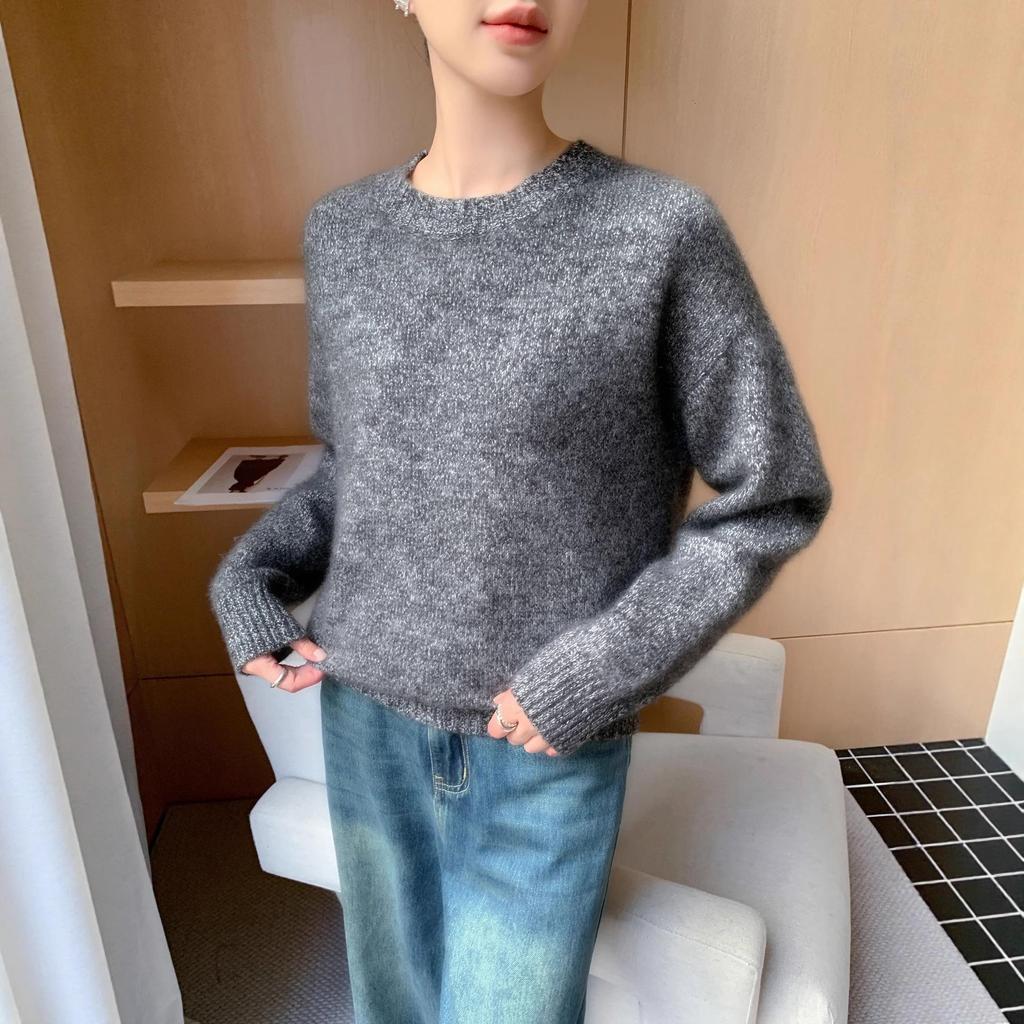 Women's Heather Yarn 100% Wool Round Neck Knit Pullover - Seven-Stitch, Long Sleeve, Lazy Style Base Layer
