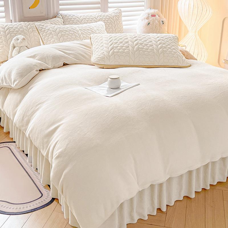 Thickened bed four-piece set milk fleece solid color bed skirt crystal fleece high gram weight quilt cover student dormitory three-piece set