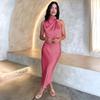 Women Spaghetti Strap Halter Solid Ankel-Length Dress High Collar High Waist