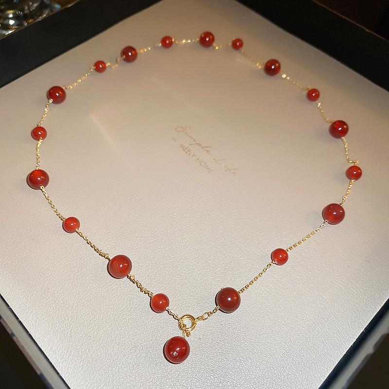 Retro Agate Y-shaped Sweater Long Necklace Real Gold Electroplating Simple and Versatile Beaded Collarbone Necklace Decoration