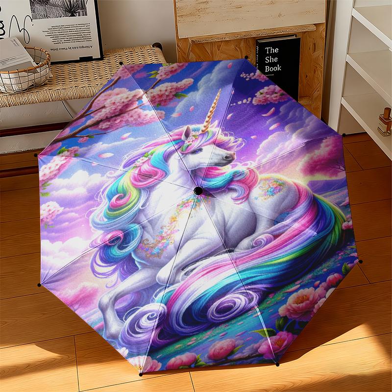 1pc Purple Unicorn Umbrella Portable Folding Umbrella Iron Frame Hole Bone Structure Outdoor Home Umbrella