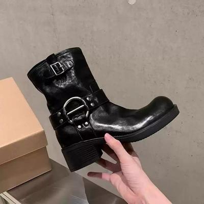 Rindslederversion~ echtes Leder Retro Metallschnalle dicker Absatz Western Kurzstiefel Damen Herbst und Winter neu Punk Lokomotiv Ritterstiefel