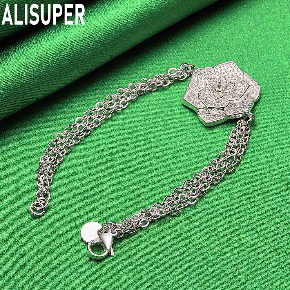 925 Sterling Silver Exquisite Flower Side Chain Charming Bracelet Gift Jewelry