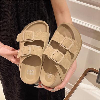Plateausohle Retro Strandurlaub Sandalen 2025 Sommer Neu Tragen Mode Vielseitig Ein-Wort Schlappen Boken Hausschuhe Damen