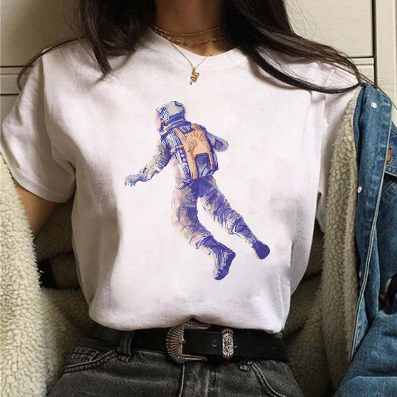 Harajuku Funny Aesthetic T-shirt Women New Summer Fashion Cartoon Astronaut Print Universe Space