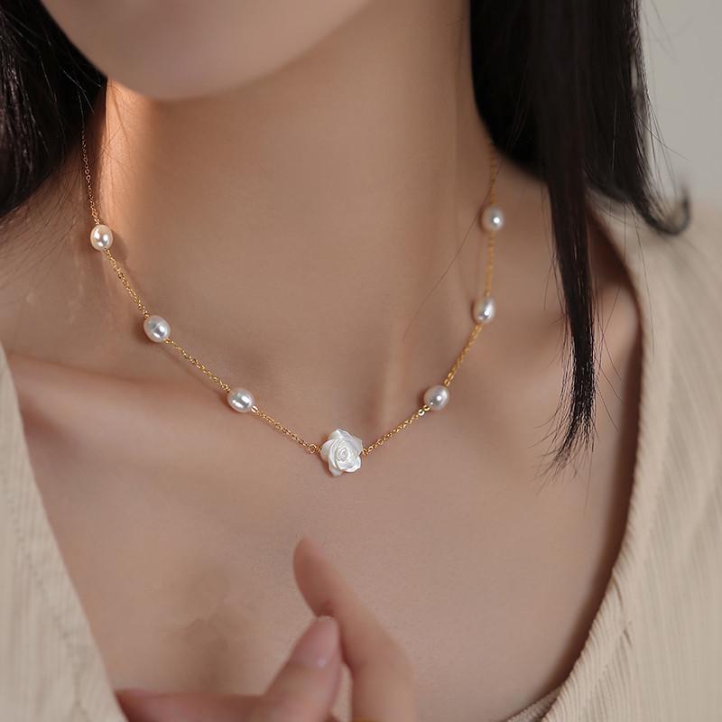 Radiant Rose Pendant Necklace: Titanium Steel, Rice Grain Freshwater Pearls, Mother-of-Pearl Stars, Women's Clavicle Chain