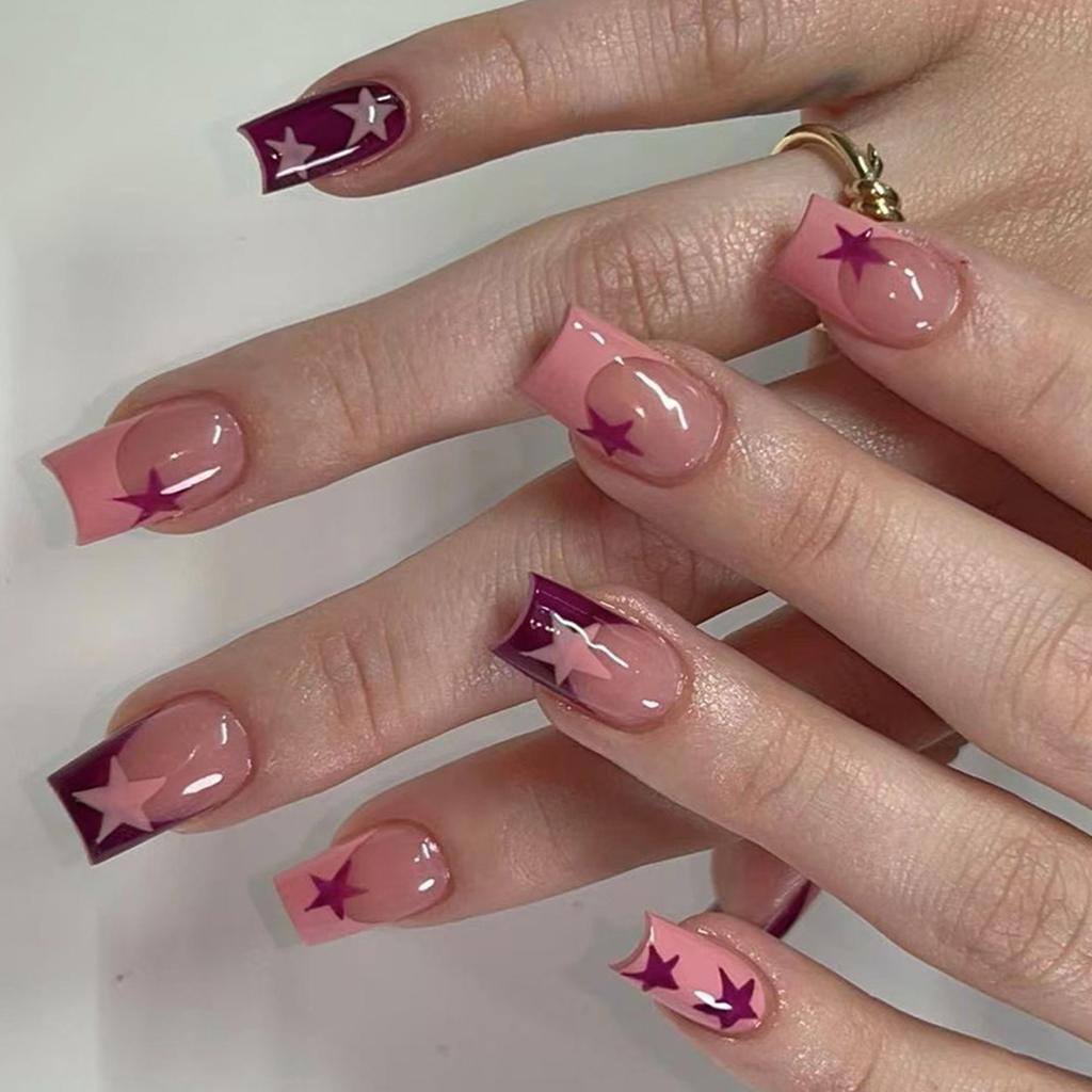 Unghie Finte a Pressione a Forma di Bara French Tip Unghie Finte Colla su Unghia Design a Stella Unghie Finte Unghie Artificiali
