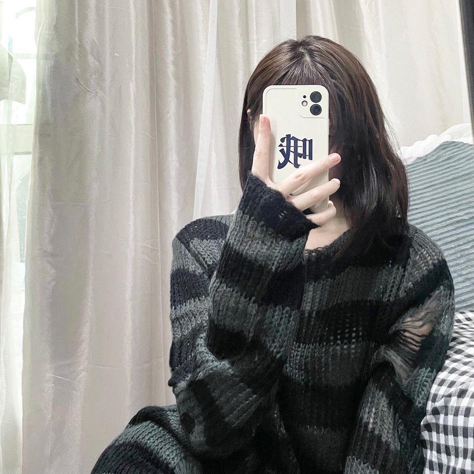 Unisex Punk Striped Gradient Ripped Knit Sweater