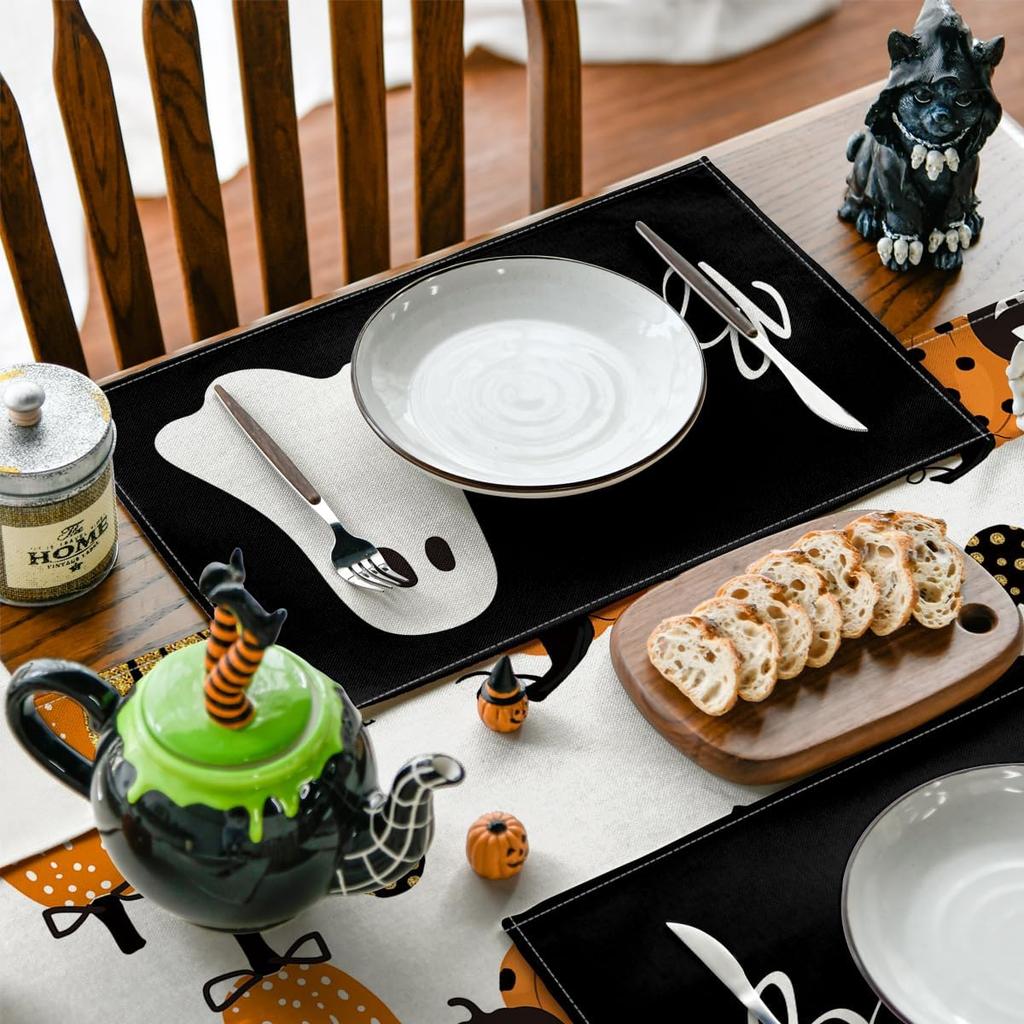 Boo Ghost Halloween Placemats Set of 4, 12x18 Inch Seasonal Black Holiday Table Mats for Party Kitchen Dining Decoration