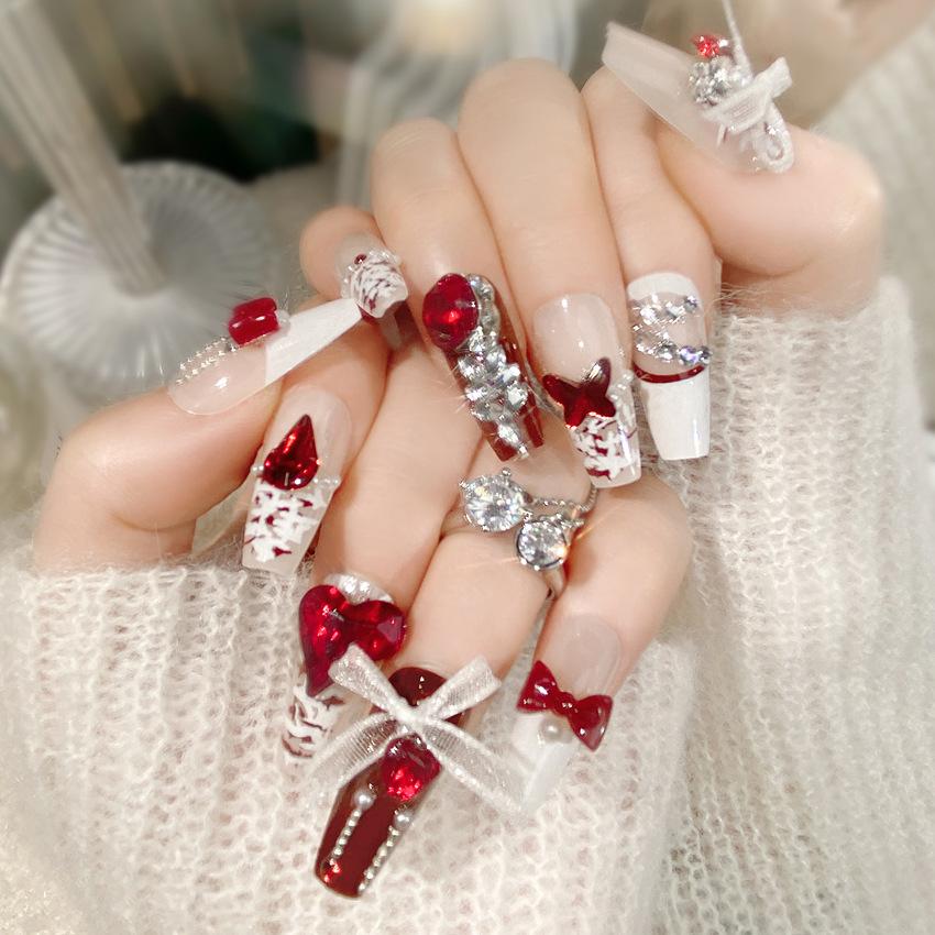 Autumn, Winter and New Year s Wear Finished Nail Art Handmade Nail Art Lace Bow Red Love Fake Nail Patch Nail Patch U63