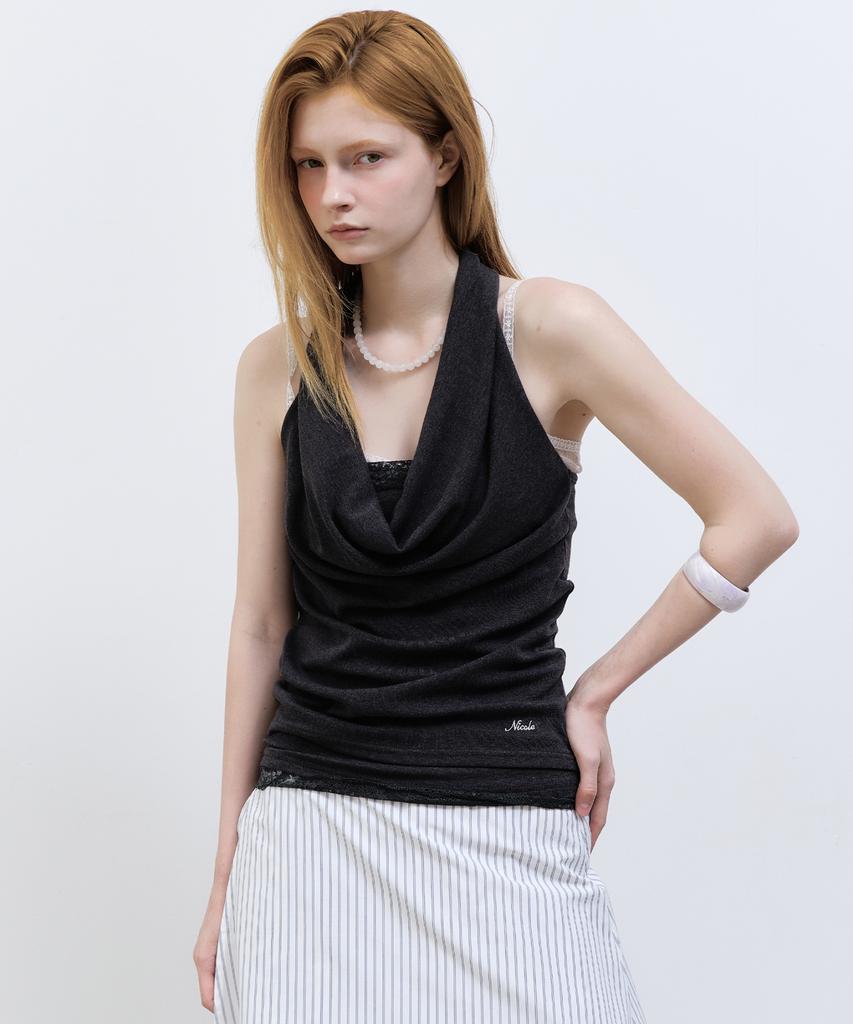 Nigaennikol Layerd Drape Halter Top_Black
