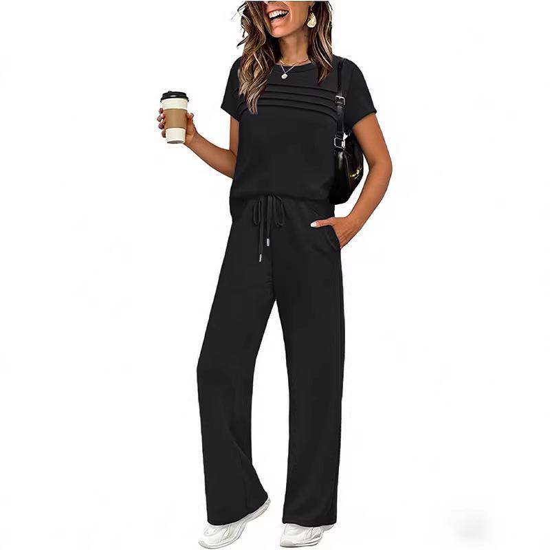 2026 New Spring/Summer Women's Casual Set: Short Sleeve Top and Wide-Leg Long Pants