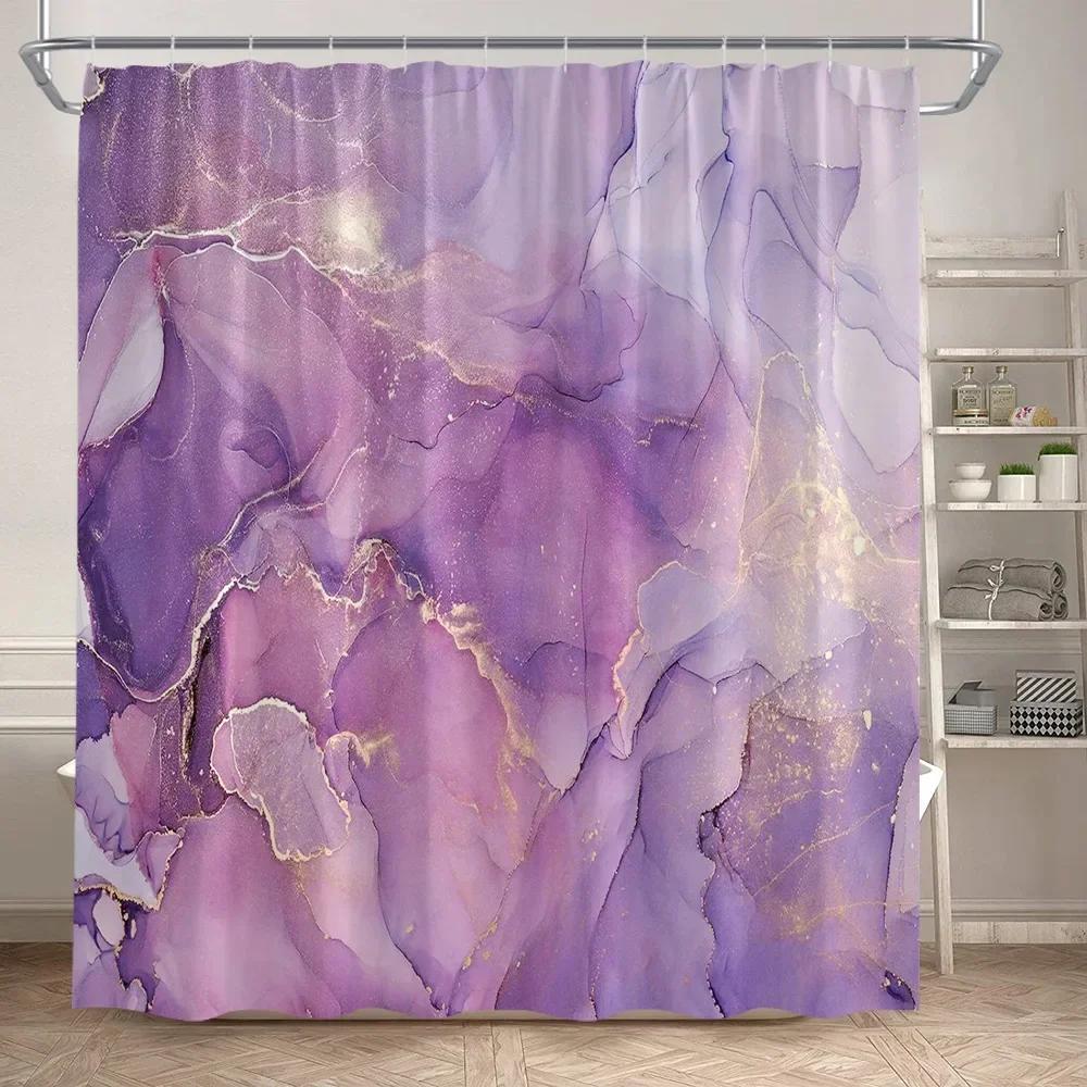 Abstract Pink Marble Shower Curtain Set Gold Textured Modern Geometric Ink Art Bathroom Decor Door Rug Bath Mat Toilet Lid Cover