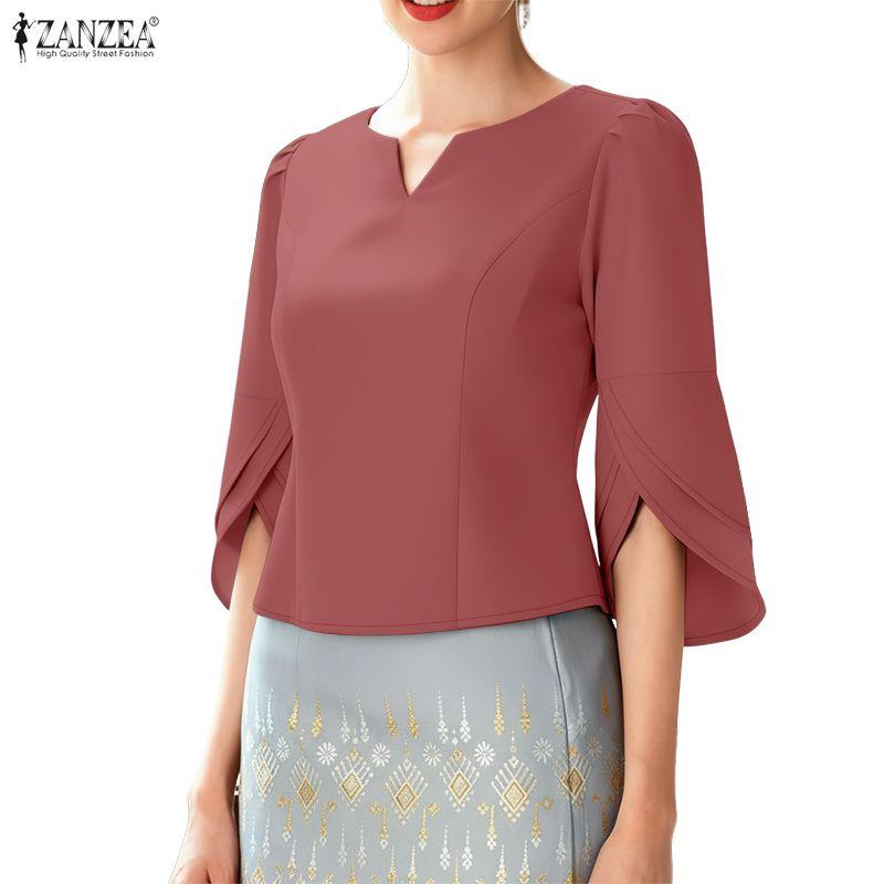 ZANZEA Blusa Elegante Casual para Mujer con Cuello en V, Color Sólido y Mangas 3/4