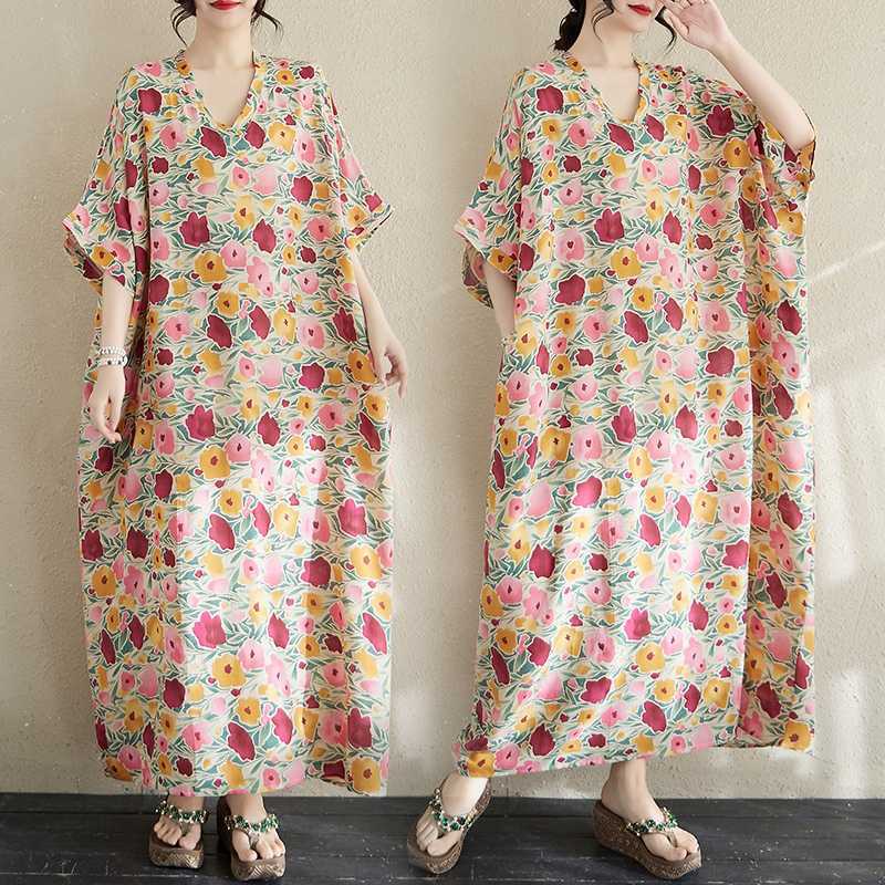 Real Shot Summer Color Vacation Style Travel  Retro Long Dress Covering Meat Cotton and Linen Dress