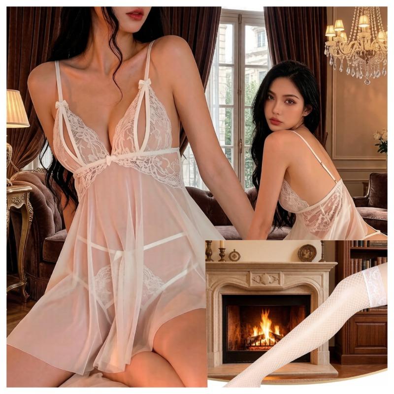 Sex Underwear Sexy Free Large Size Light Luxury Sweet Mesh Deep V Suspender Nightdress Lace Robe Uniform Women