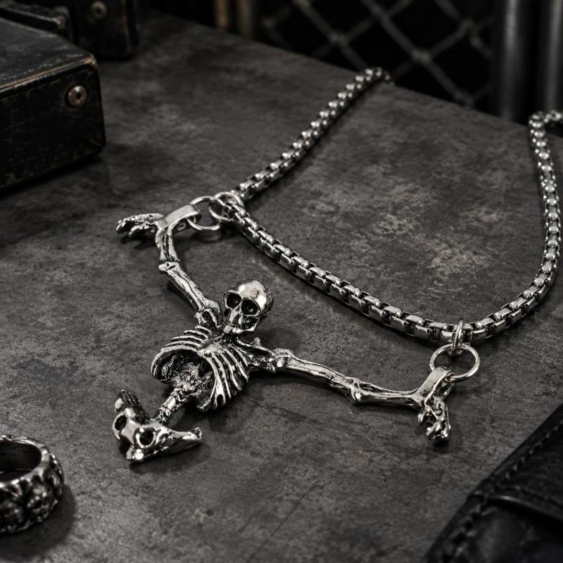 Skeleton Pendant Necklace with Three-Dimensional Full-Body Design, Prominent Skull, and Silver-Tone Distressed Finish for Streetwear Looks