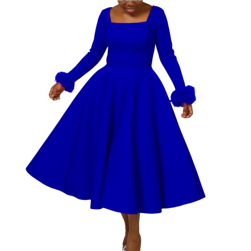 

YYFS Женская мода весна-осень однотонный принт длинный рукав квадратный воротник высокая талия повседневные платья XXXL королевский синий