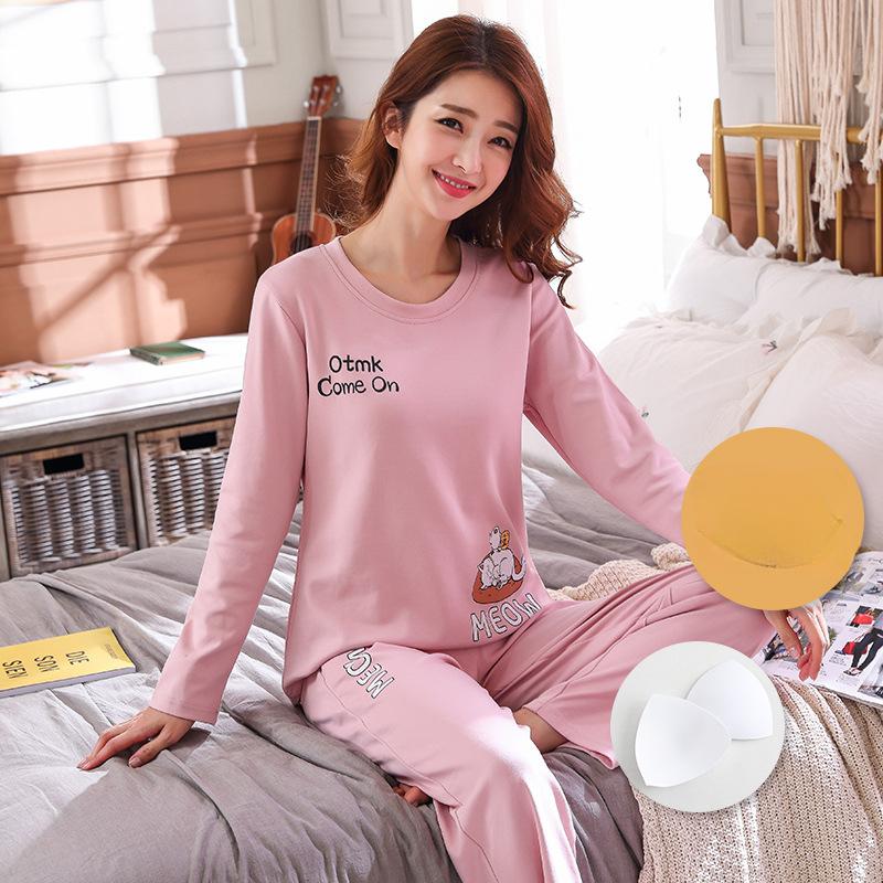 New Autumn Pajamas with Chest Pad Women Knitted Cotton Pajama Set Homewear Pijama Mujer Long Sleeve Casual Soft Female Sleepwear