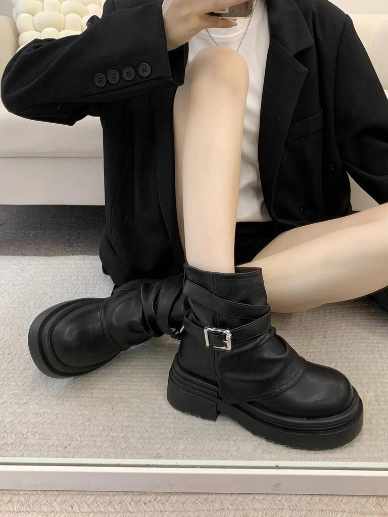 New Women'S Boots Black Short Tube Chunky Heel Ankle Boots Spring Autumn Versatile British Retro Maillard Boots