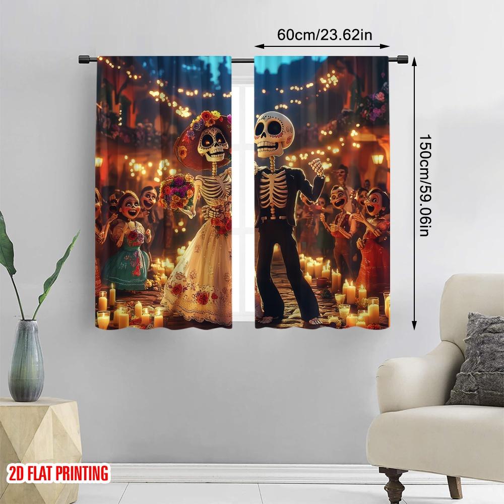 Flat Printing Colorful Day Dead Scene Curtain Flowers Versatile Polyester Without Electricity Curtains Set Of 2 Made