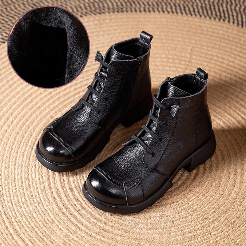 Johnature Genuine Leather Warm Round Toe Soft Soled Short Boots Low Heel Non Slip Casual Women's Shoes