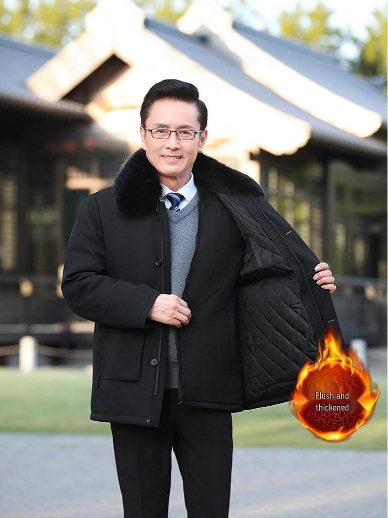 Men's Cotton Coat with Detachable Liner - Thickened Plus Velvet, Large Size Winter Jacket for Middle-Aged and Elderly.