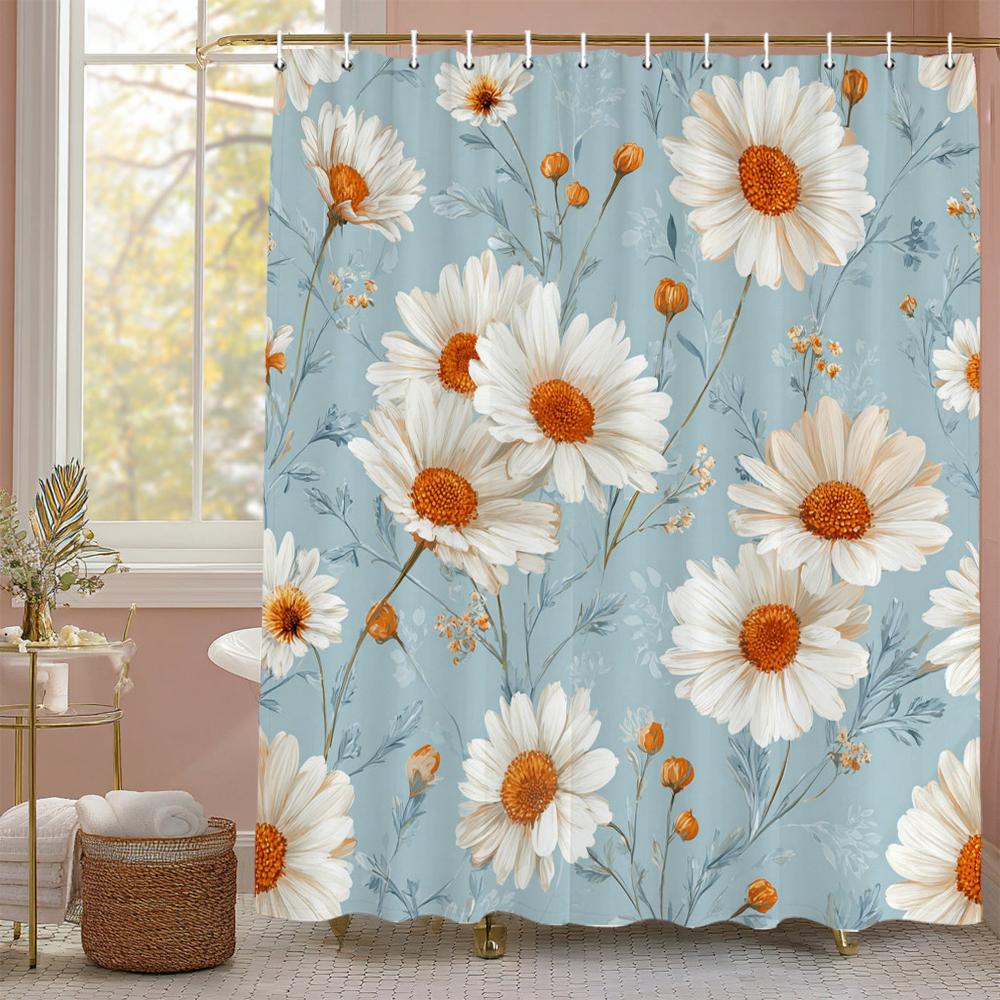 White Daisy Flowers Shower Curtain, Floral Art Bathroom Decorative Shower Curtain, Printed Polyester Fabric Curtain with Hooks