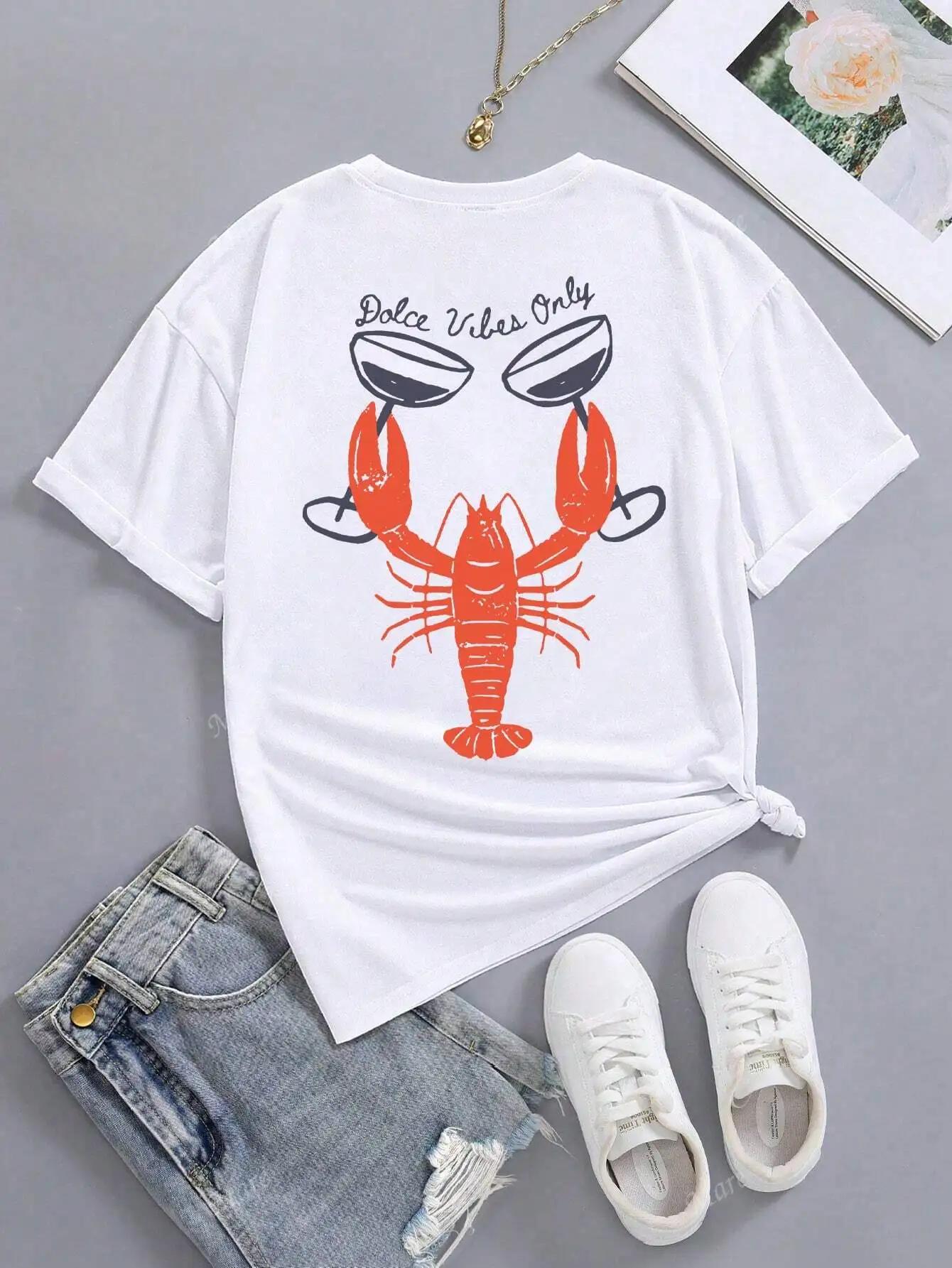 

Lobster Illustration Soda Flavor Graphic Tops Vintage Casual Women Tees Loose Oneck Short Sleeve Female TShirt Beach Outfits S