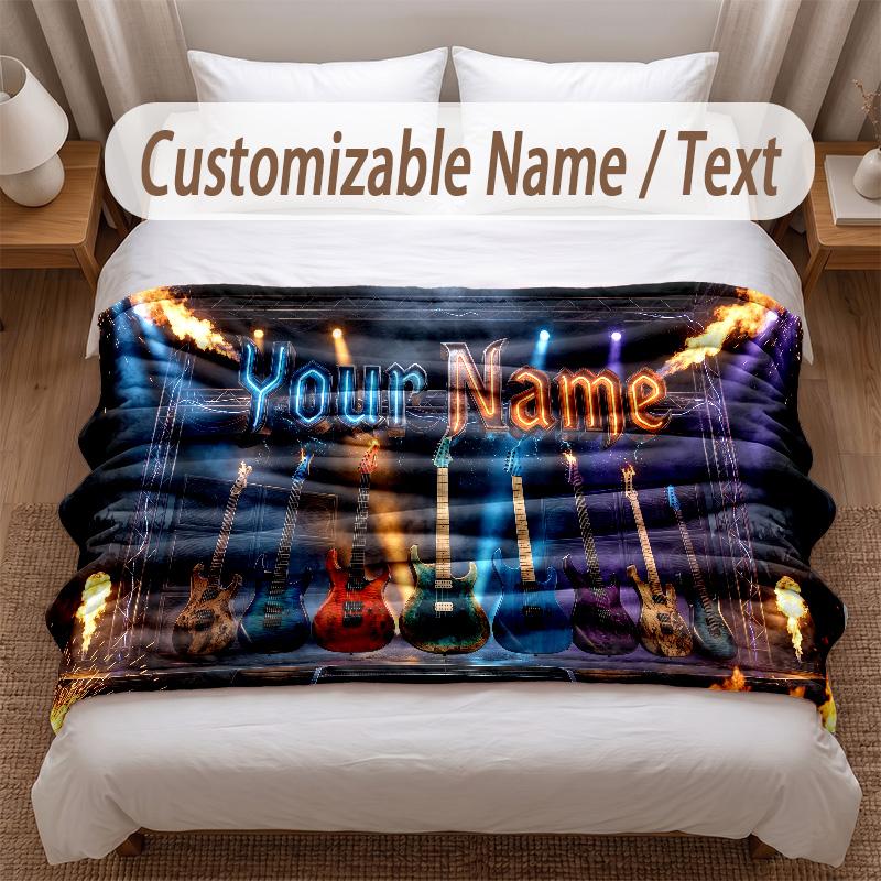 Music Guitar Theme Soft Blanket Personalized Custom Name Text Print Warm Blanket Home Sofa Bedroom Decor