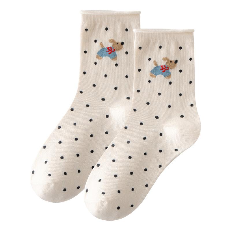 Spring and Autumn Thin Socks, Cute Cartoon Animal Mid-calf Socks, Polka Dot Rolled-up Socks, School-style Long Socks