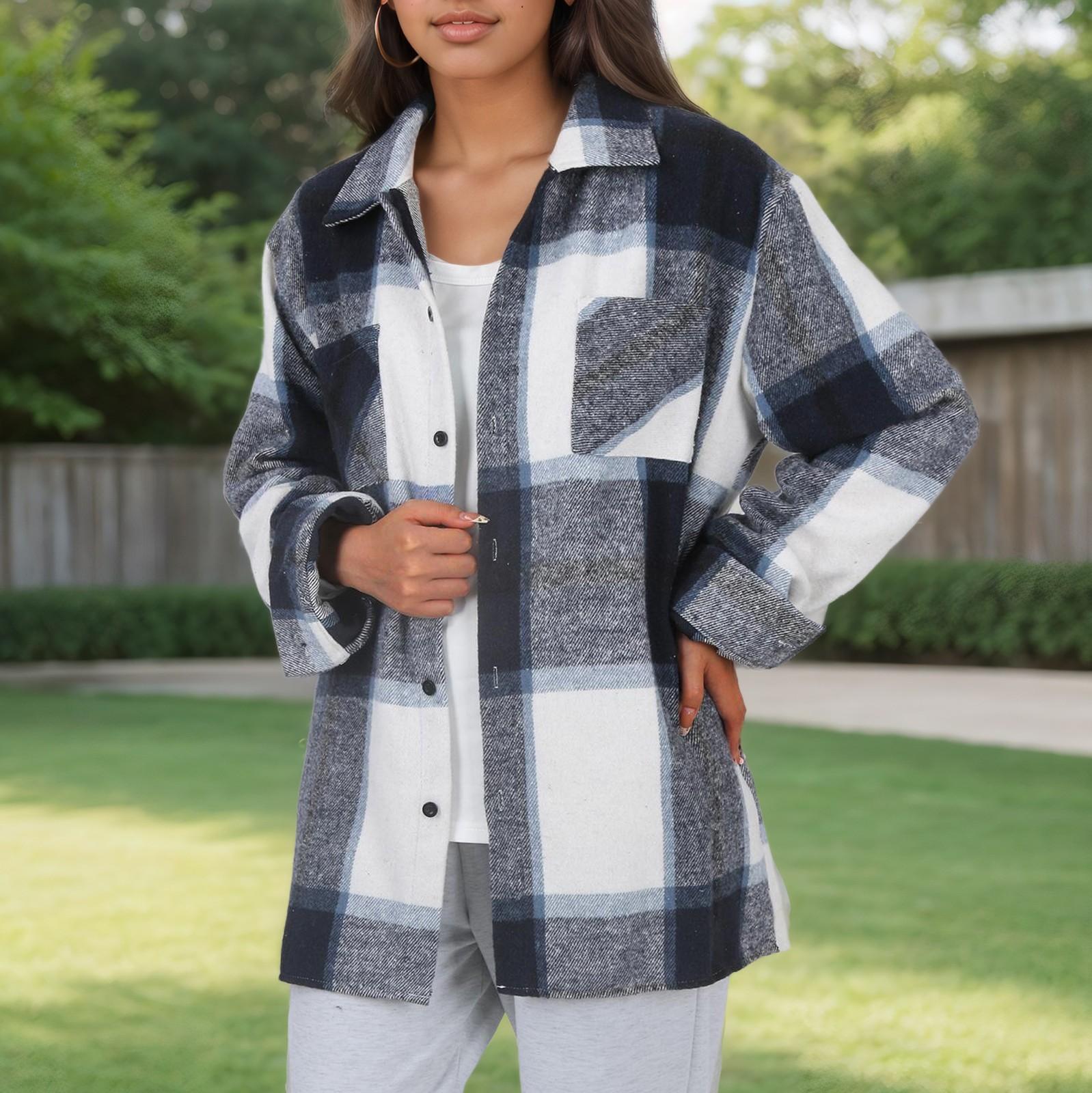 

Женское пальто осень и зима клетчатая рубашка пуговицы модное шерстяное пальто XL