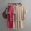 New Fashion Sweater Set Temperament Contrast Color Split Short-sleeved Knitwear + High Waist Slimming Wide-leg Trousers Long Pants Two-piece Set