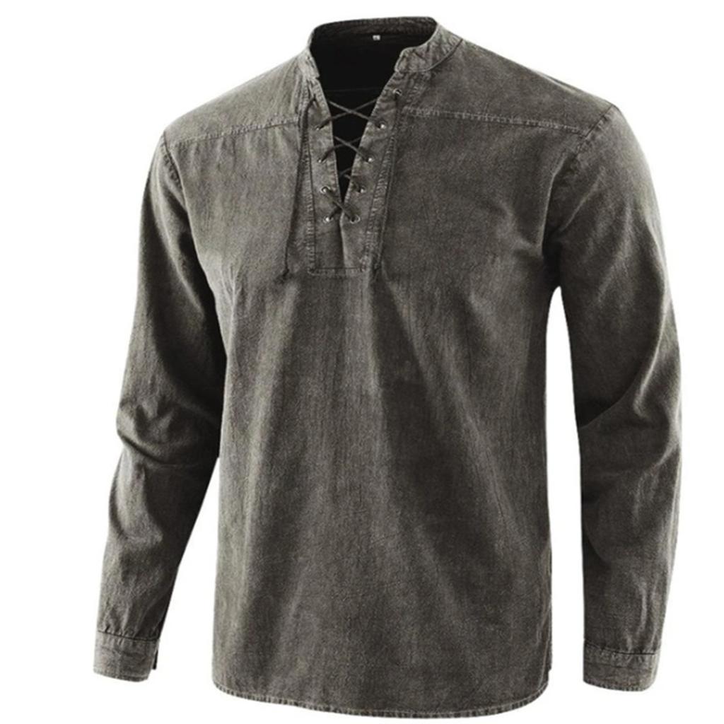 Men's Solid Color Vintage Laced Stand-Collar Loose Casual Shirt