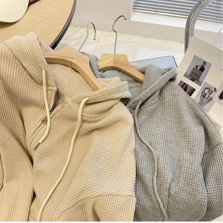 Hooded Waffle Jacket Comfortable Slim Womens Design Fit Autumn Spring Sweatshirt Niche