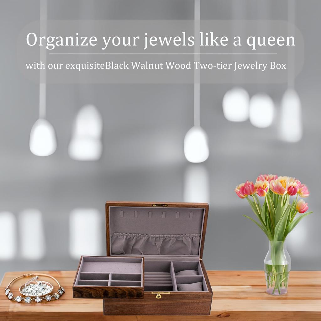 IRIVER BLANK Exquisite Black Walnut Wood Jewelry Box Organizer Noble and Elegant Storage Solution for Wedding Proposal & & Holder – Women, Girls,