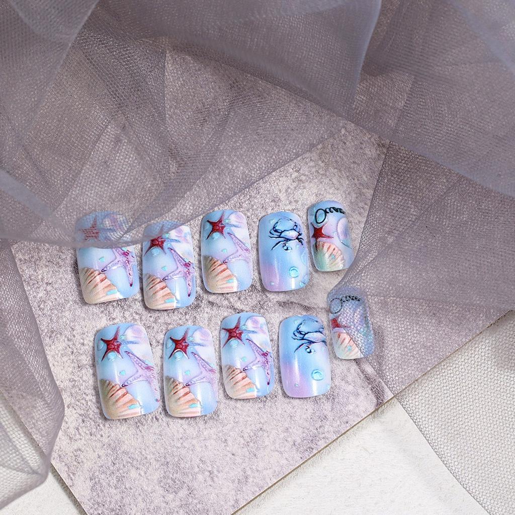 24 Pieces Acrylic Press On Nails Blue 3D Texture Design False Nail Starfish Summer Nail Set Full Cover Stick On Nail