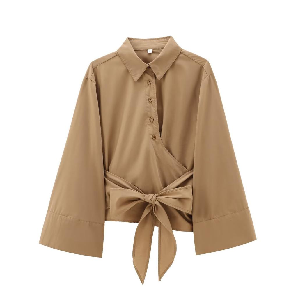 New Women's Fashion Casual Polo Neck Bow Tie Up Short Edition Double Breasted Poplin Shirt