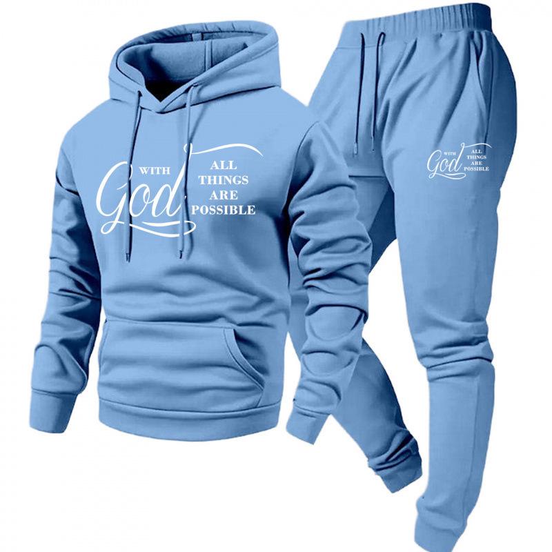 2026 New Style Cross Letter Print Hooded Sweatshirt & Long Pants Men's Y2K Set - European & American Hot Selling