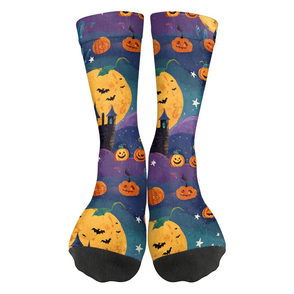 Unisex Breathable Mid-Calf Socks Halloween Pumpkin Pattern Comfortable Stretch Fit Athletic Socks for Everyday Wear