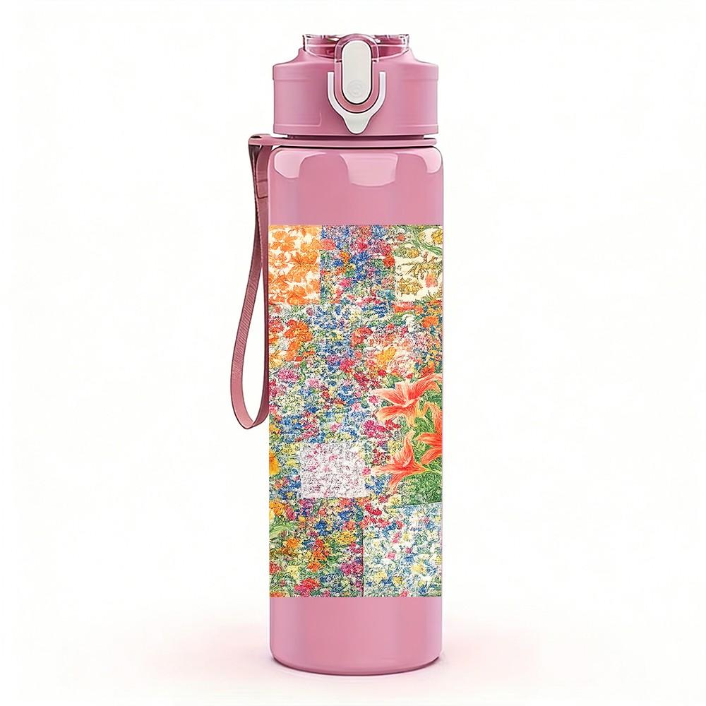 1PC Watercolor Floral Patch 750ml Color Plastic Sports Water Bottle Leakproof Flip Straw Lid Suitable for Sports Office Home Use